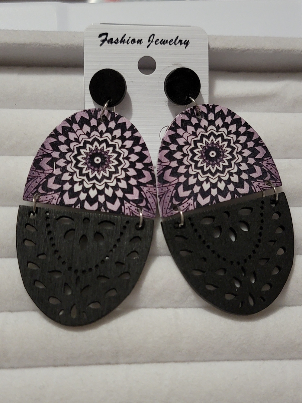 Fashion Jewelry Purple Floral Mandala & Black Cutout Drop Earrings